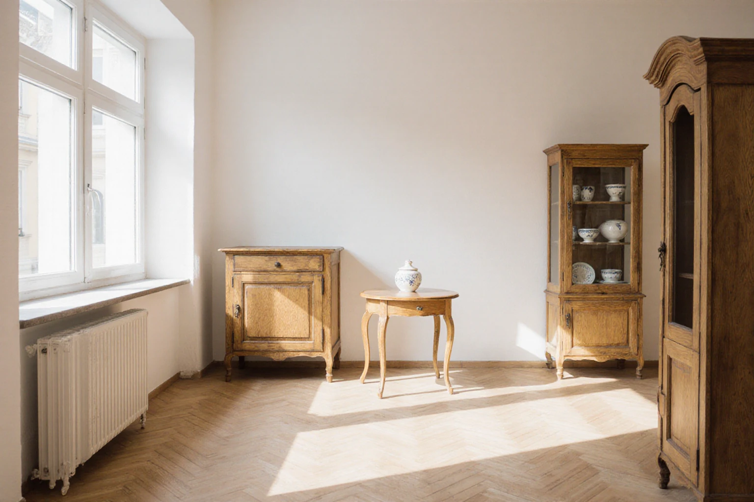 Heller Antiquitäten-Schauraum mit Holzmöbeln